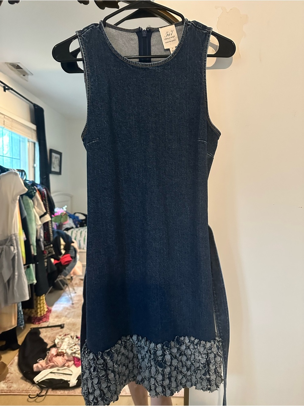 cinq a sept Dark Indigo Denim Mini Dress with Textured Hem - Picture 3 of 5